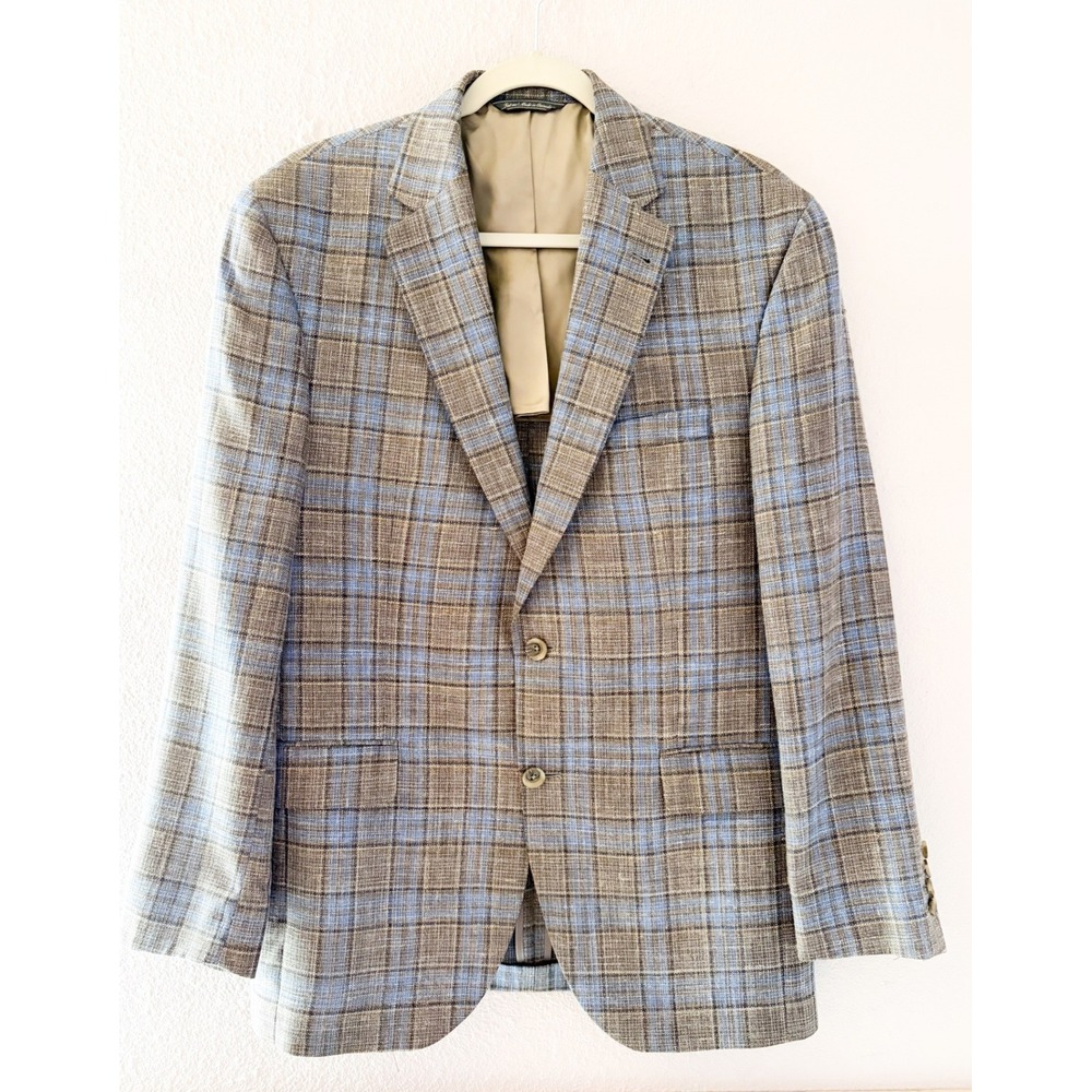 Jack Victor Loro Piana Summertime Plaid Sport Coat Blazer Blue Tan Workwear 42R